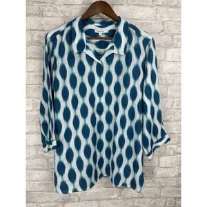 CHICO'S 100% Linen Button Down 3/4 Sleeve Top Size 3  XL Collar Teal Green White